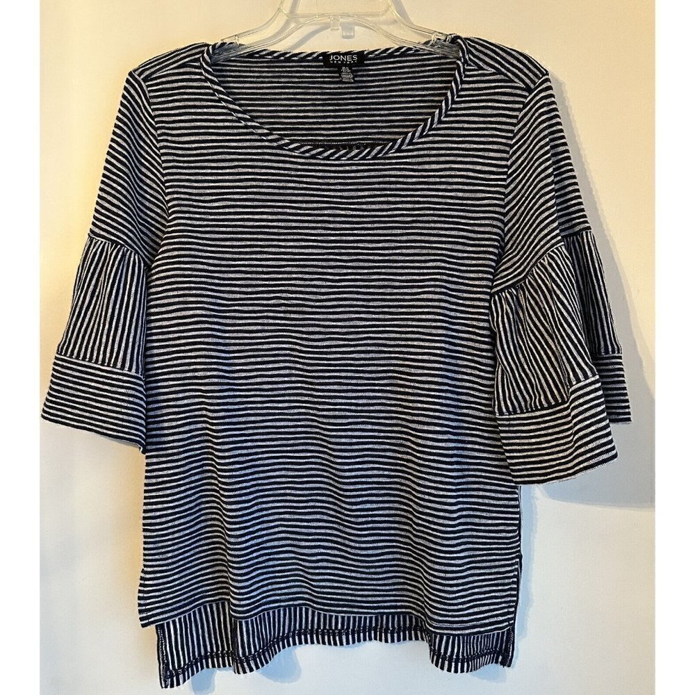 Jones New York Women’s Size Medium Blue White Stripe Ruffle Sleeve Top‎ Blouse